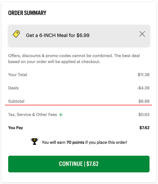 Online order summary with subtotal after discounts $6.99, with tax and other fees adding $0.63 for a total of $7.62