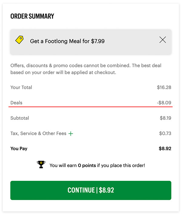 order summary for a Subway purchase with deal applied