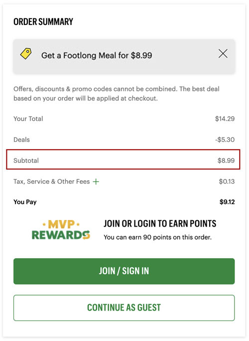 An order summary from a restaurant with discounts applied, reducing the total from $14.29 to $8.99 + fee of $0.13, making the total amount due $9.12