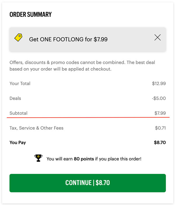 Order summary page from Subway showing a deal with a $5.00 discount applied