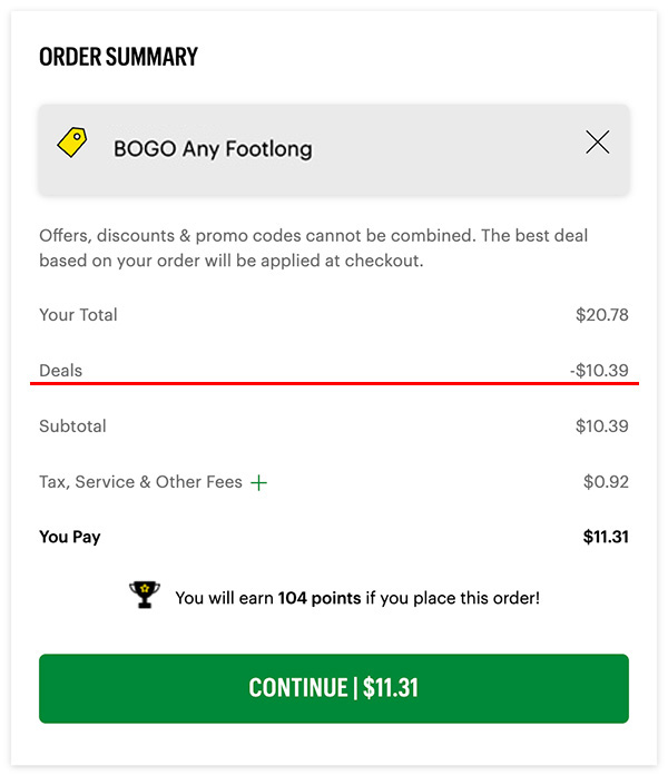 order summary screen from a food service's online ordering platform