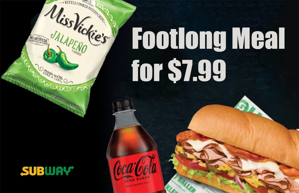 a footlong sandwich, a bag of Miss Vickie's Jalapeno and a bottle of Coca-Cola Zero Sugar on dark background