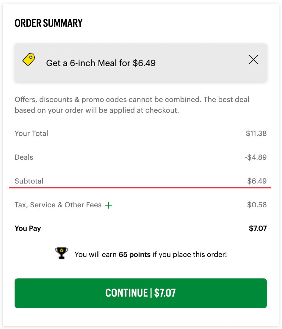 Order summary screen from a mobile app or website