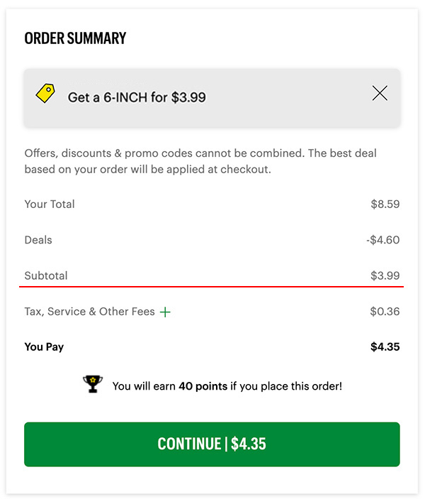 An order summary from a promotional deal at a fast-food restaurant highlights a special price of $3.99 for the sandwich
